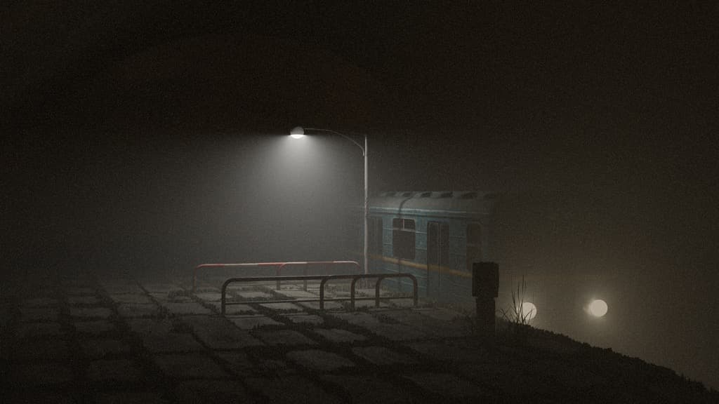 A train platform in thick fog at night: one streetlamp, a railing and a parked carriage.