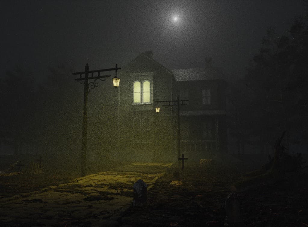 A two-storey house at night in thick fog, one window lit, lamp posts along a path past old gravestones, the moon above.