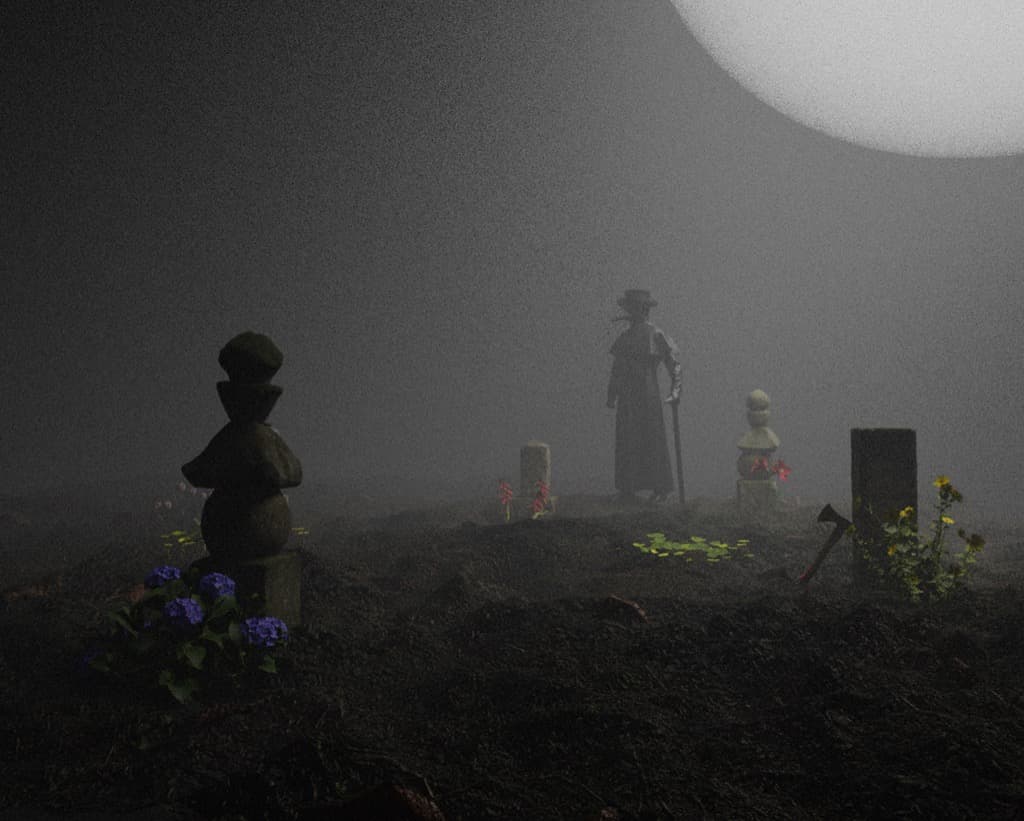 A misty hillside graveyard with stone markers and hydrangeas; a figure in a long coat and a wide hat stands under a huge pale moon.