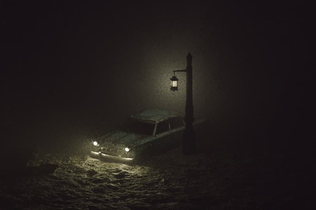 An old car with its headlights on, stopped beside a lantern streetlamp in the dark.