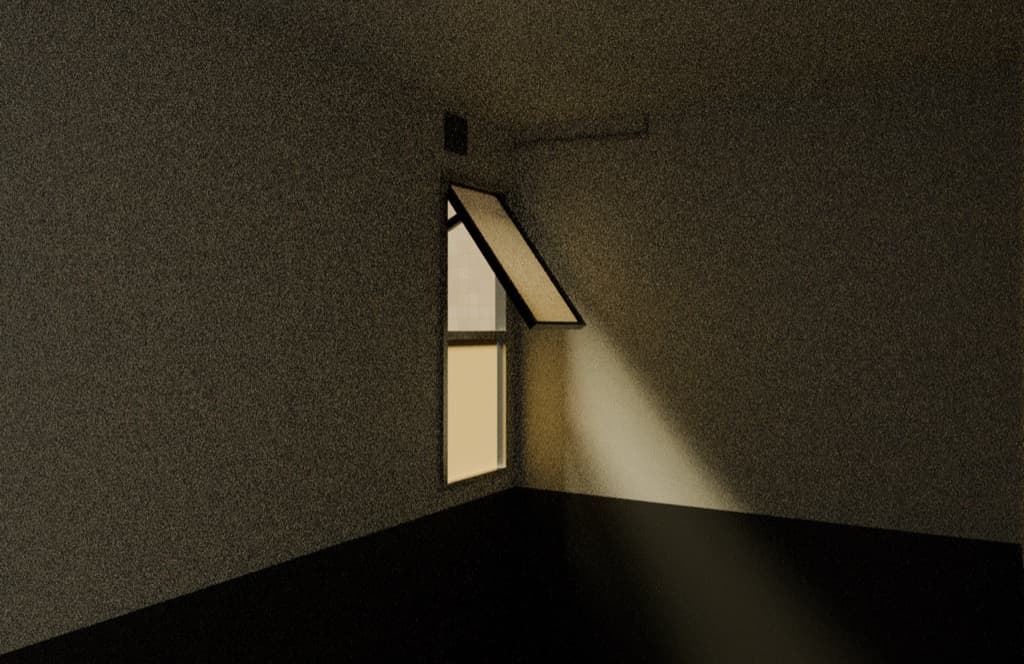 An empty, dim room; a tilted-open window lets a warm beam of light fall across the wall.