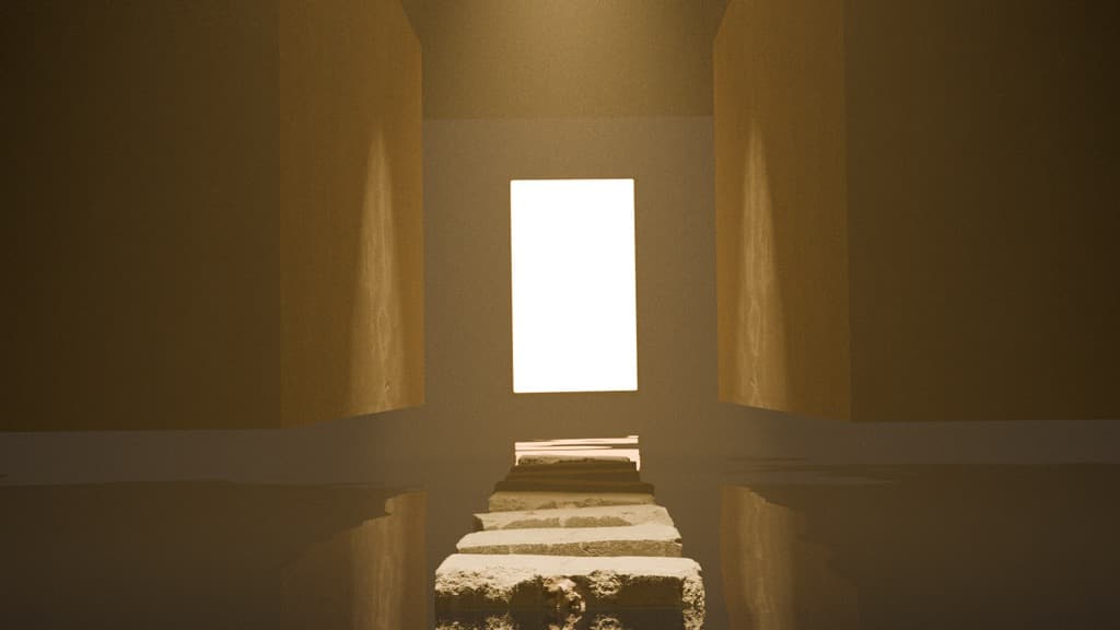 Stepping stones over still water lead down a tall golden corridor to a bright white doorway.