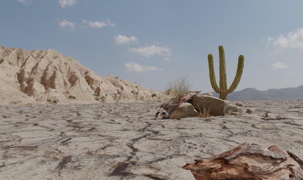 A cracked desert floor under a blue sky: a saguaro cactus, rocks, an animal skull and driftwood.
