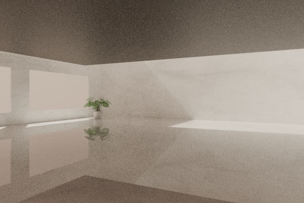 A bright, empty white room with a reflective floor and a single potted plant by the window.