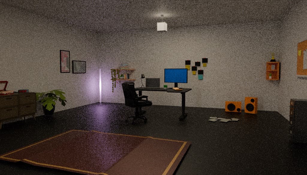 The room this portfolio lives in, rendered in Blender: the desk and its two screens, the purple strip light, the boards on the wall and the rug.