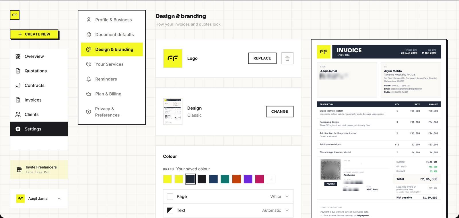 Riffit's Design & branding settings: logo, invoice design and brand colour on the left, a live invoice preview on the right