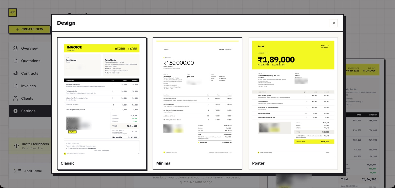 Riffit's invoice design picker: the same invoice in three designs, Classic, Minimal and Poster