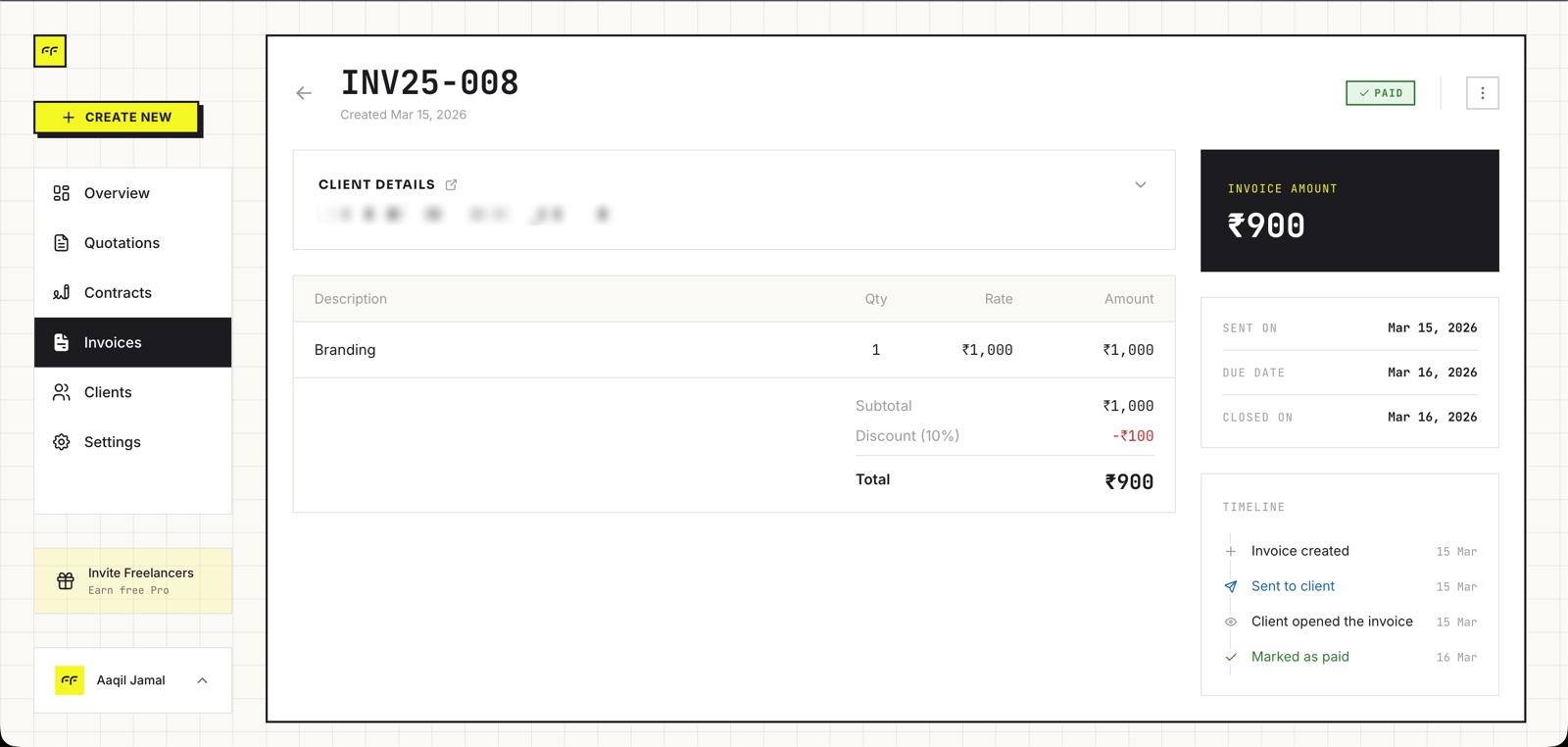 A paid Riffit invoice with its timeline: invoice created, sent to client, client opened the invoice, marked as paid