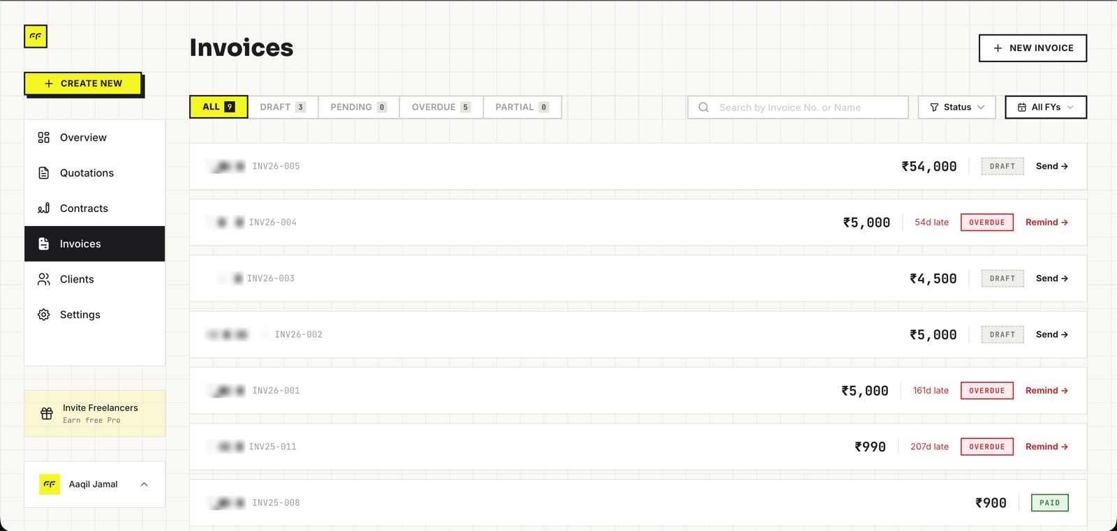 Riffit's invoice list: drafts, overdue and paid invoices, with a Send or Remind action on each row