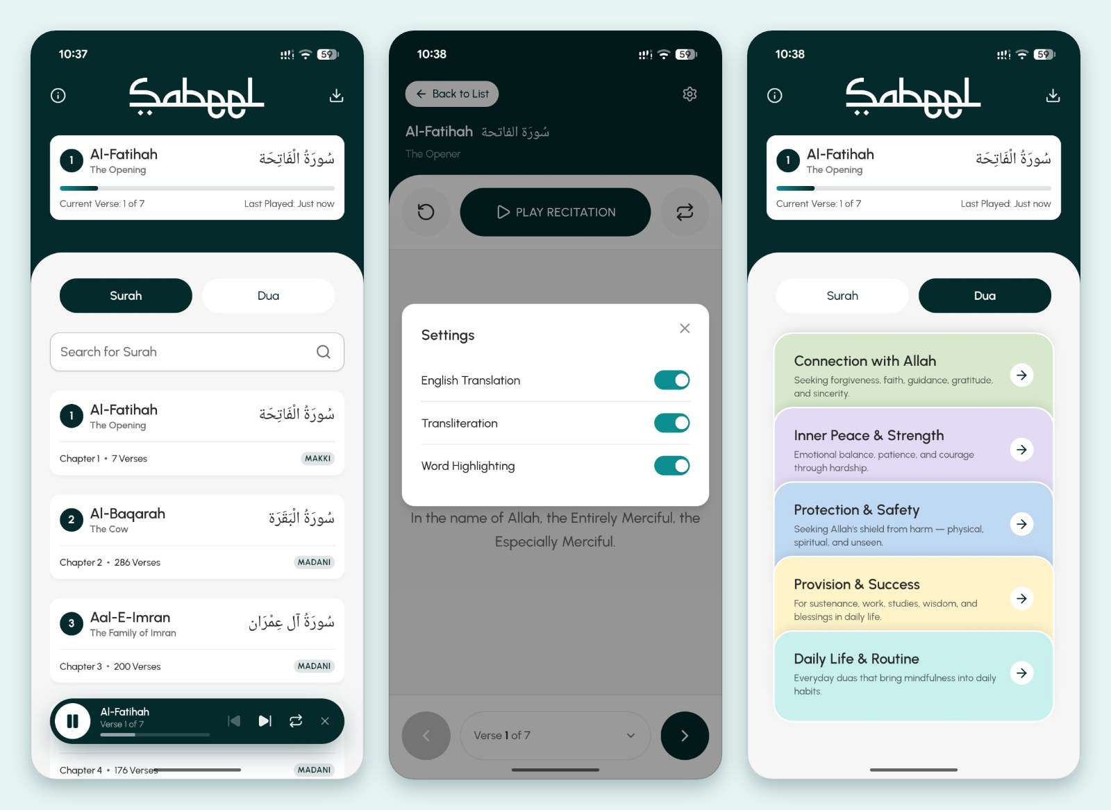 Three screens of the Sabeel Android app: the surah list with a mini player, a surah open with its reading settings, and duas by theme