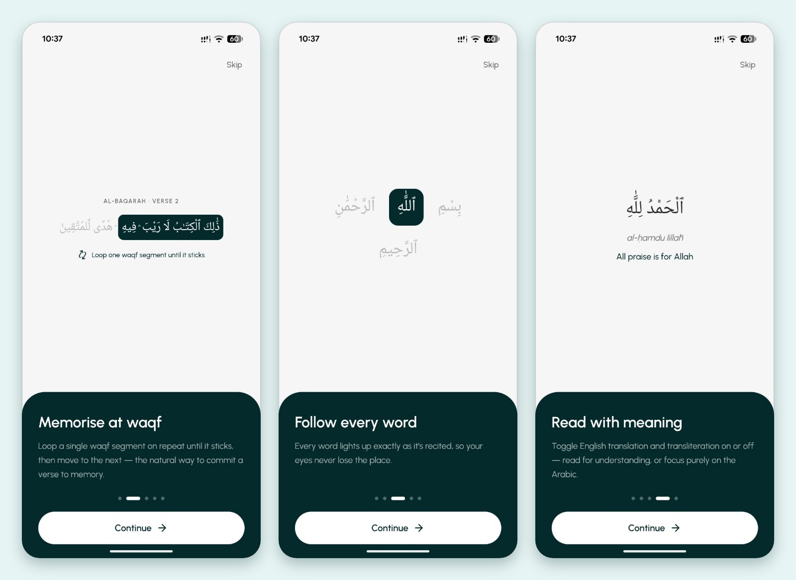 Three onboarding screens of the Sabeel app: Memorise at waqf, Follow every word, and Read with meaning