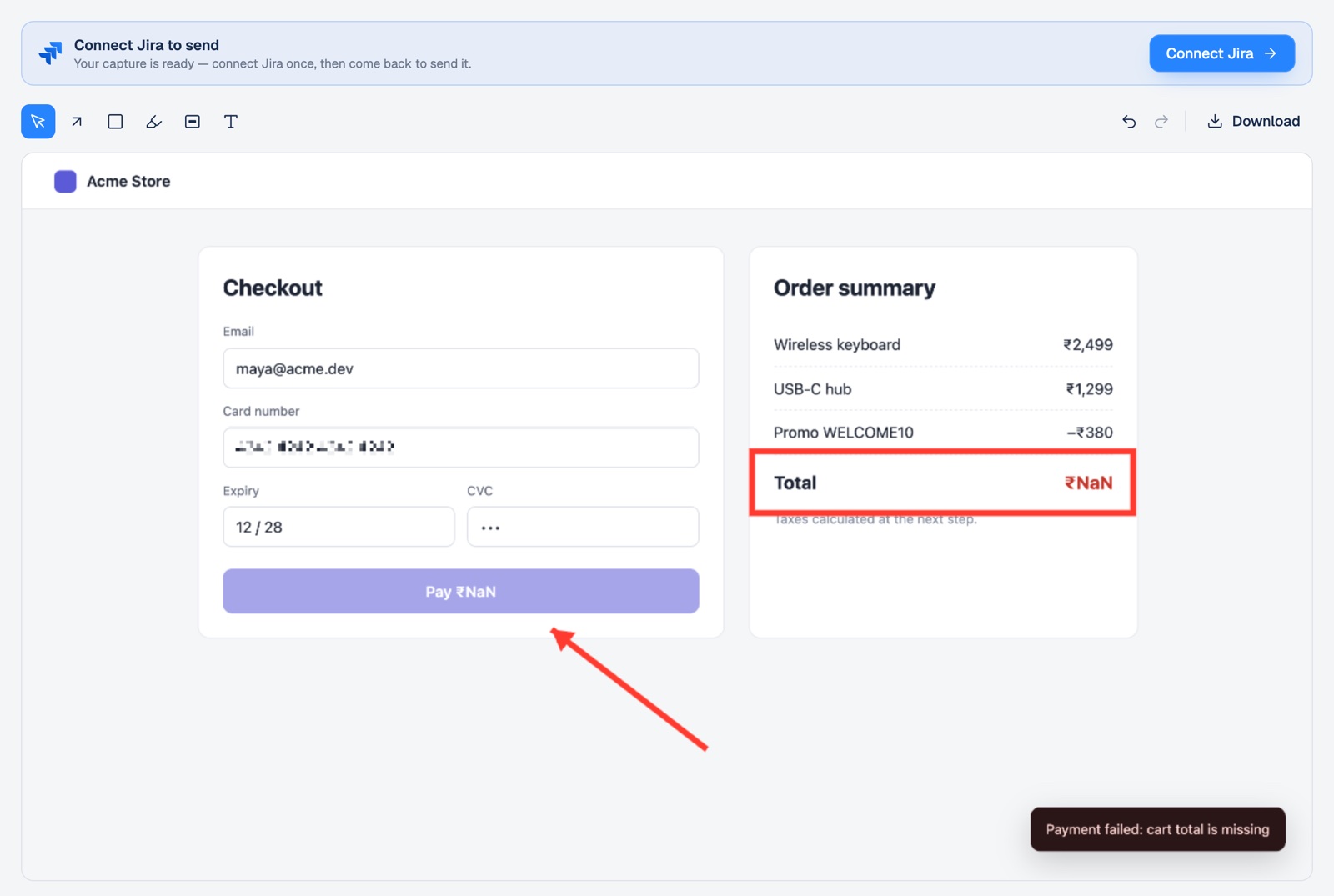 Snap to Jira's editor over a captured checkout page: a box round a broken total, an arrow at the Pay button, the card number pixelated, and a banner saying the capture is ready to send once Jira is connected