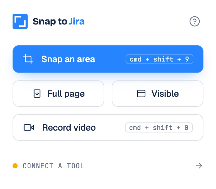 Snap to Jira's popup: Snap an area (cmd + shift + 9), Full page, Visible, and Record video (cmd + shift + 0)