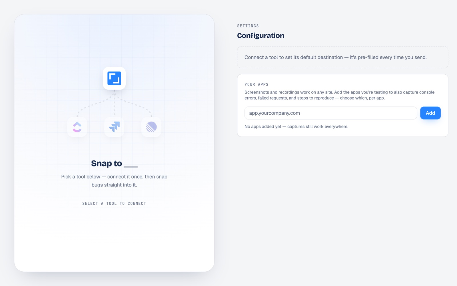 Snap to Jira's settings: pick ClickUp, Jira or Linear to connect, and a Your apps list for the sites that should also send console errors, failed requests and steps to reproduce